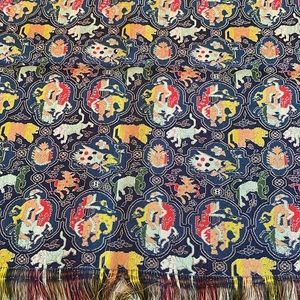 Vintage Tatsumura silk table runner/tea mat, colorful lion motif, 31" x 15.5"
